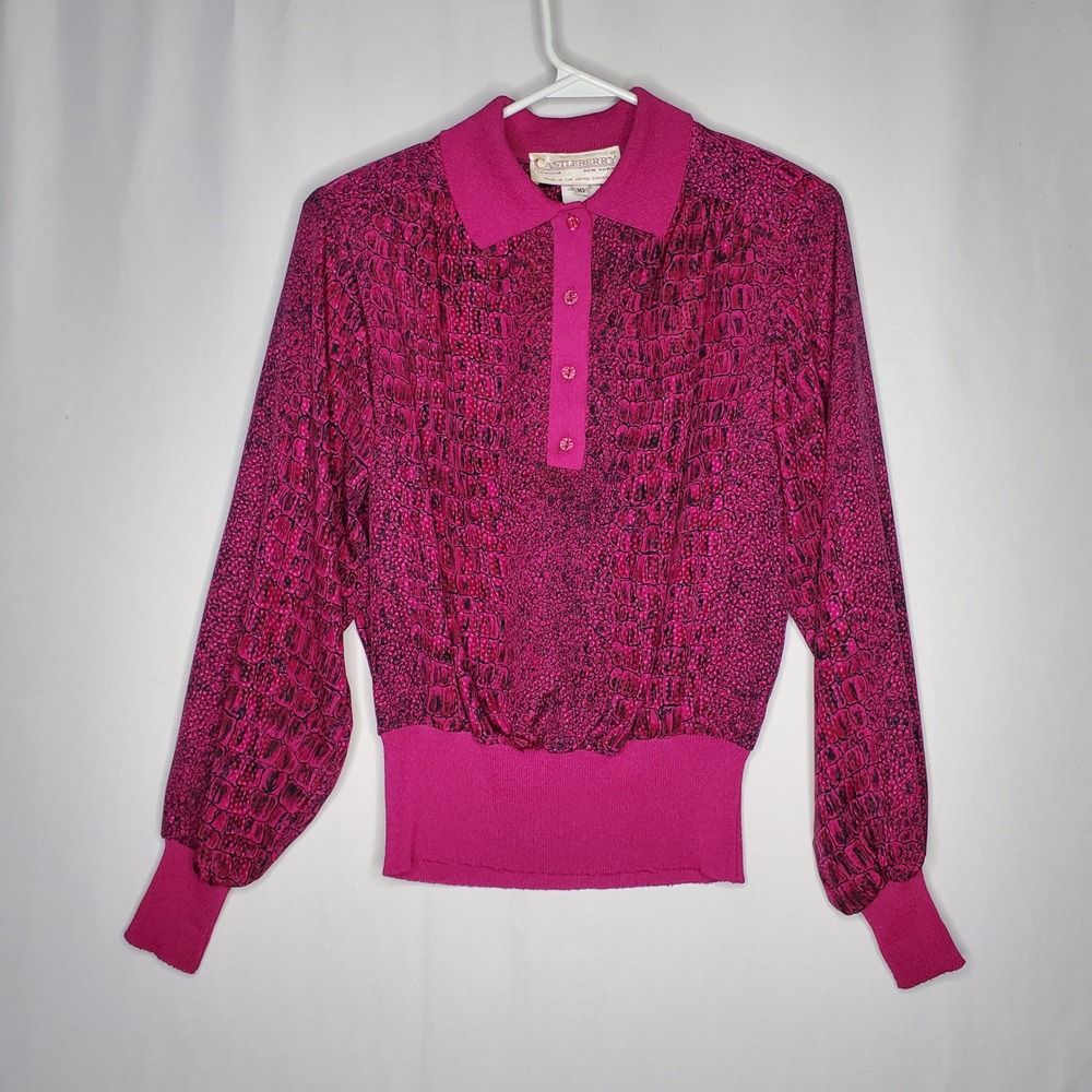 Castleberry Pink‎ Black Animal Knit Collar Button Long Sleeve Top Women 10